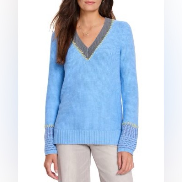 NIC+ZOE Sweaters - Coastal Preppy Textured V-Neck Sweater NIC+ZOE Blue Tipped Knit Cottagecore Chic